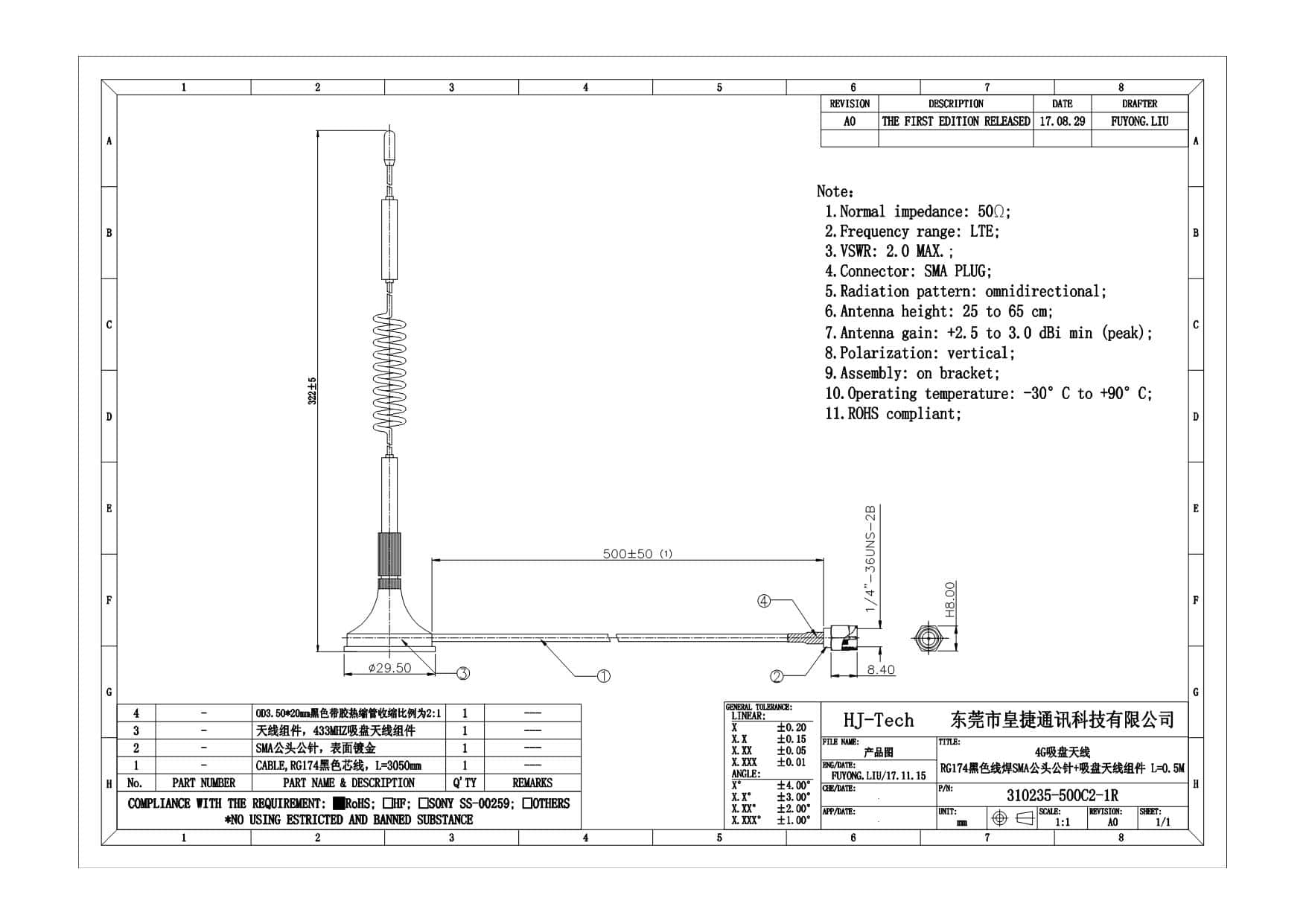 4g吸盤天線黑色全頻段外置天線RG174sma公頭
